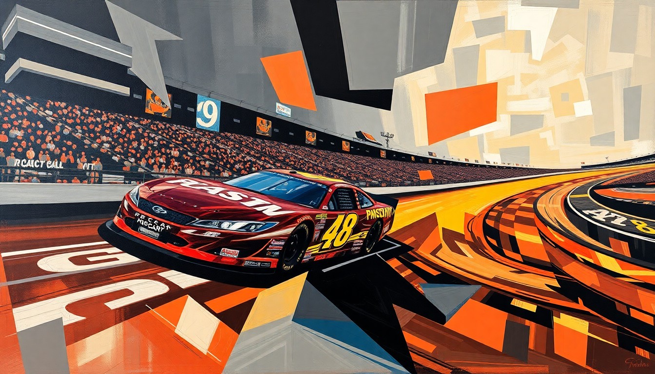 A cubist, geometric painting depicting the chaotic energy of a NASCAR race at the Phoenix Raceway, with fragmented shapes and overlapping planes of color representing the cars, track, and high-stakes drama of the event.
