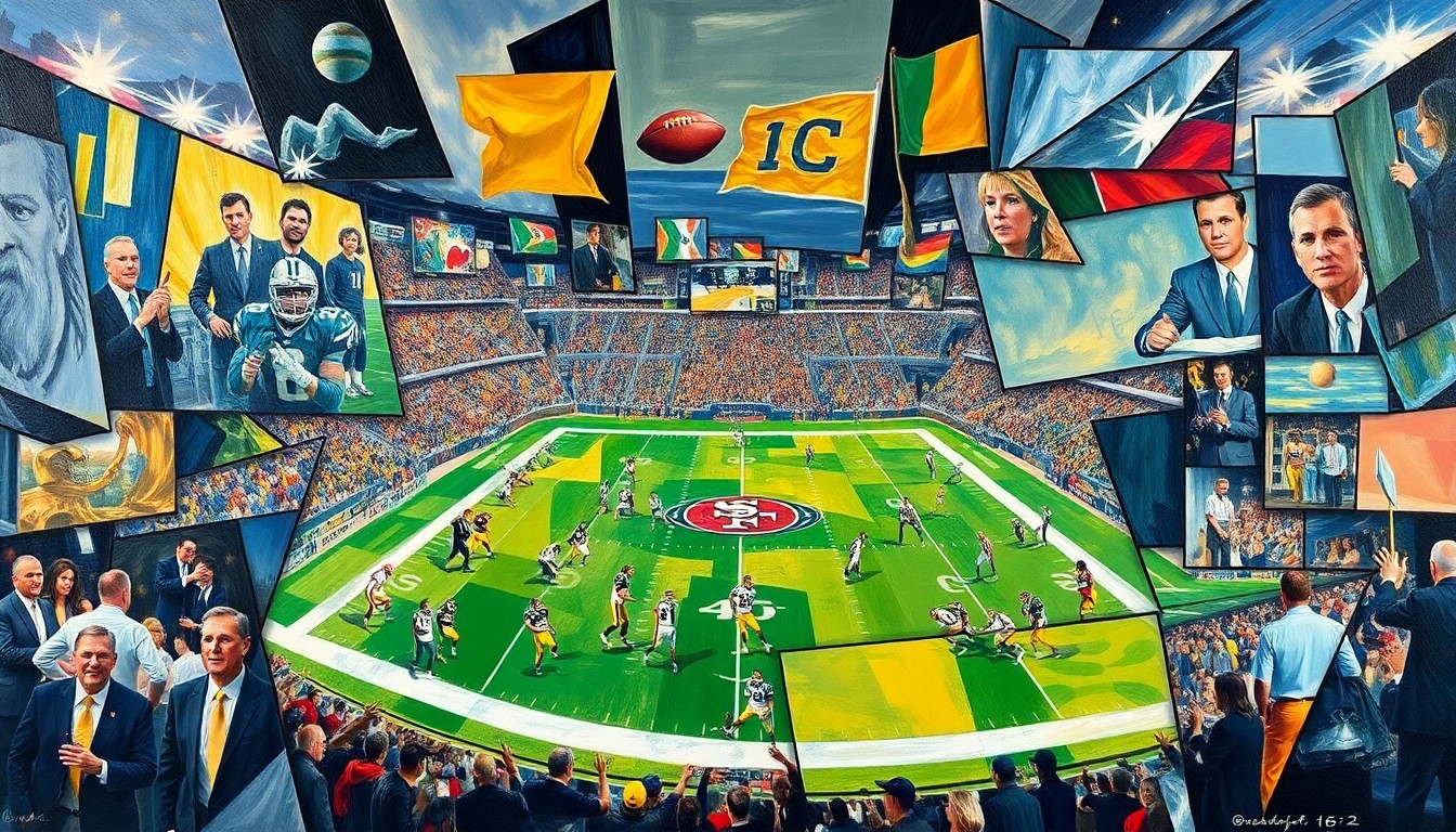 A cubist-style painting depicting a fragmented, geometric interpretation of an NFL Draft scene, with overlapping planes and shapes representing the complex decision-making process teams face in selecting their next franchise quarterback.