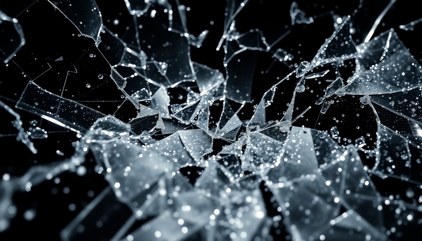 An extreme close-up photograph of shattered glass and glittering sequins, capturing the film's blend of glamour and gothic horror.