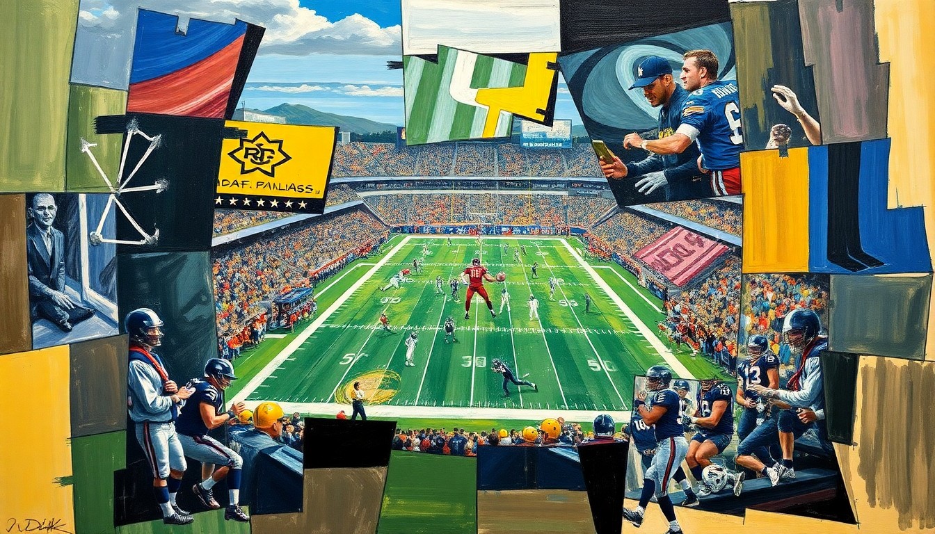 A cubist, geometric painting depicting fragmented, overlapping shapes and planes representing a football game or NFL draft scene, conveying the strategic complexity and uncertainty surrounding the Bengals' upcoming draft pick.