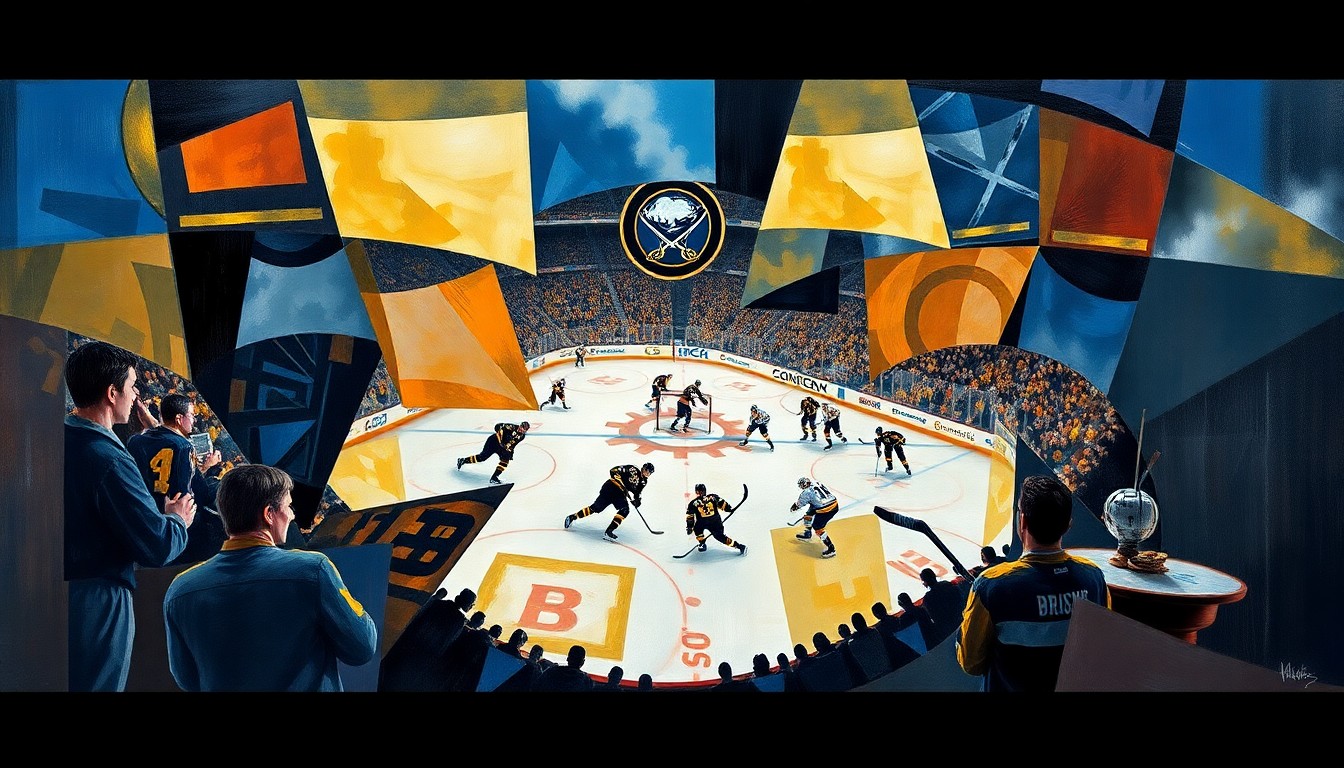 A fractured, multi-perspective painting depicting a hockey game between the Buffalo Sabres and Boston Bruins, with sharp, overlapping geometric planes representing the action on the ice and the emotional tension of the match.