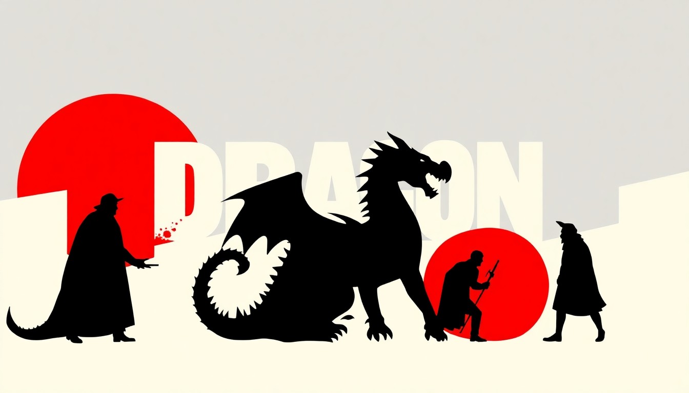 An abstract, minimalist illustration featuring sharp, geometric black silhouettes against a vibrant, high-contrast background, conceptually representing the creative pause in the production of the film 'Dragon'.