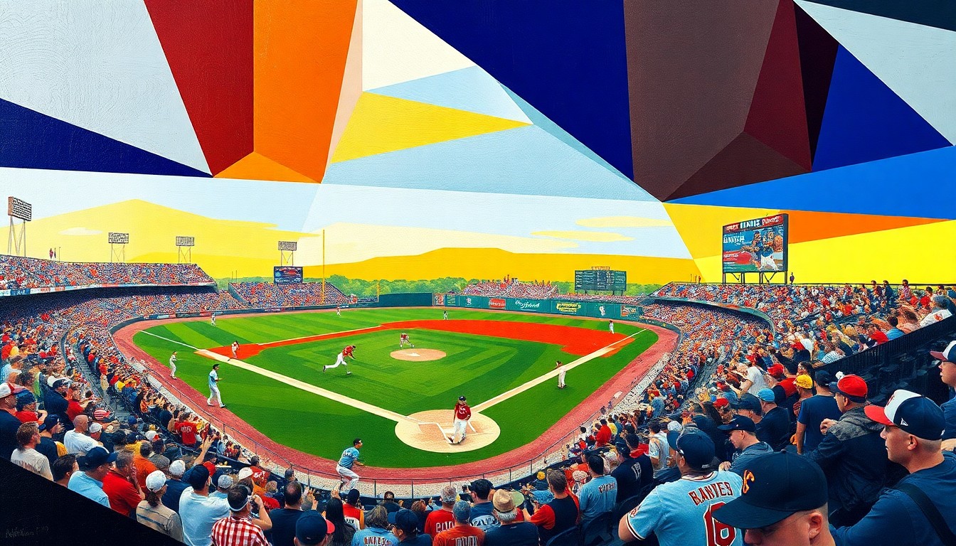 A fractured, multi-perspective painting in bold, vibrant colors, depicting the energy and movement of a minor league baseball game through sharp, overlapping geometric shapes.
