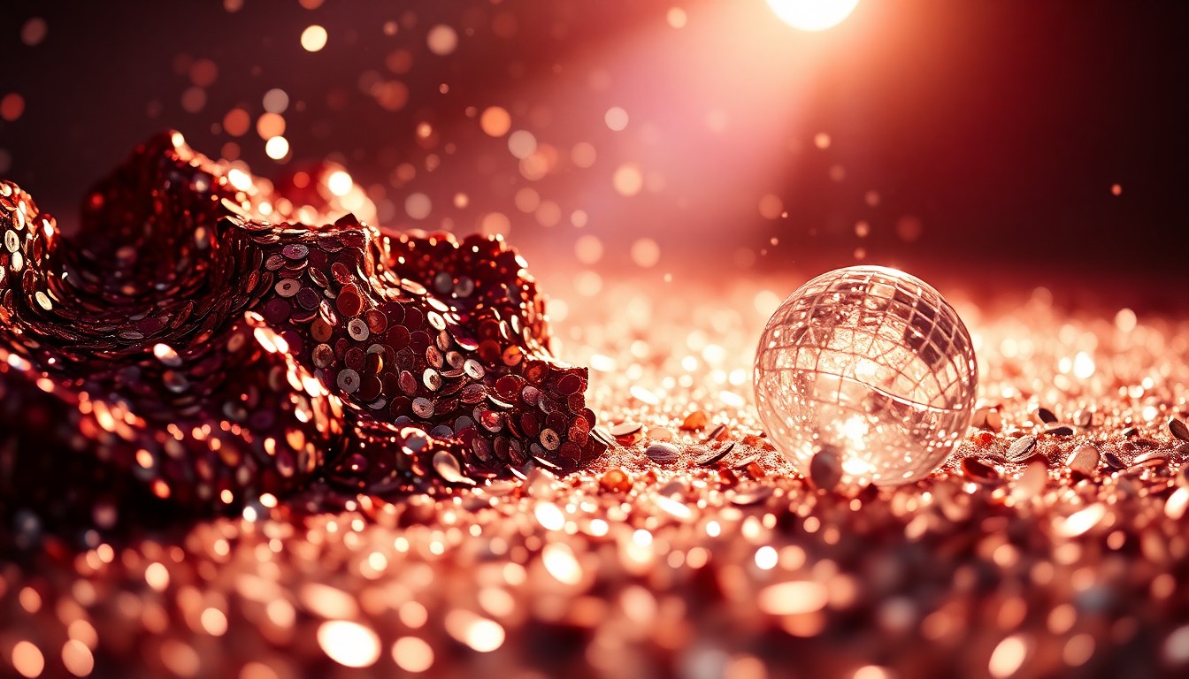 An extreme close-up of shimmering, textured sequins and shards of reflective glass, conceptually representing the glitz and energy of a music festival performance.