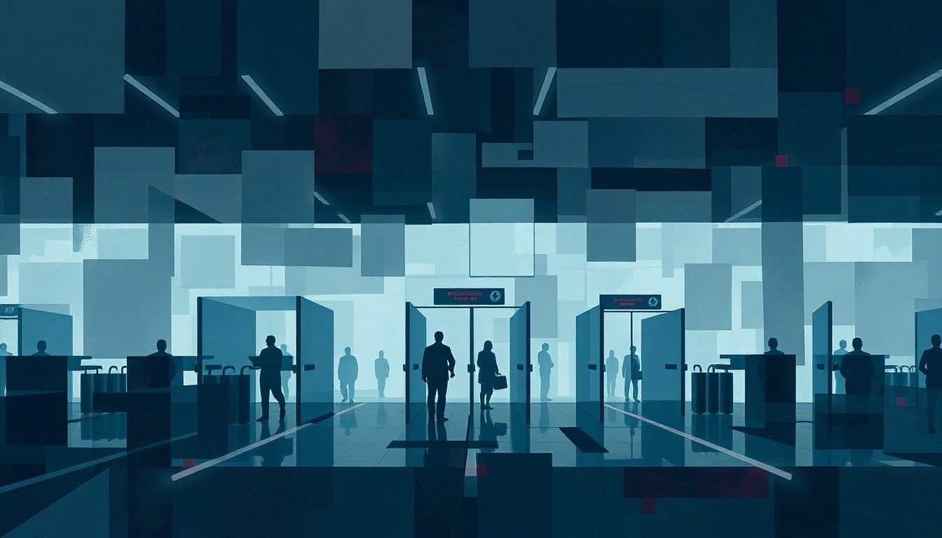 A conceptual illustration featuring overlapping, fractured geometric shapes in shades of blue, grey, and red, representing the chaos and disruption at airport security checkpoints due to the government shutdown.
