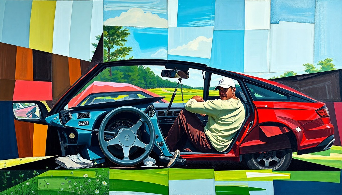 A cubist, geometric painting depicting the fragmented scene of a car crash, with sharp planes of color and form representing the chaotic aftermath and the public's divided reaction to the incident involving the legendary golfer.
