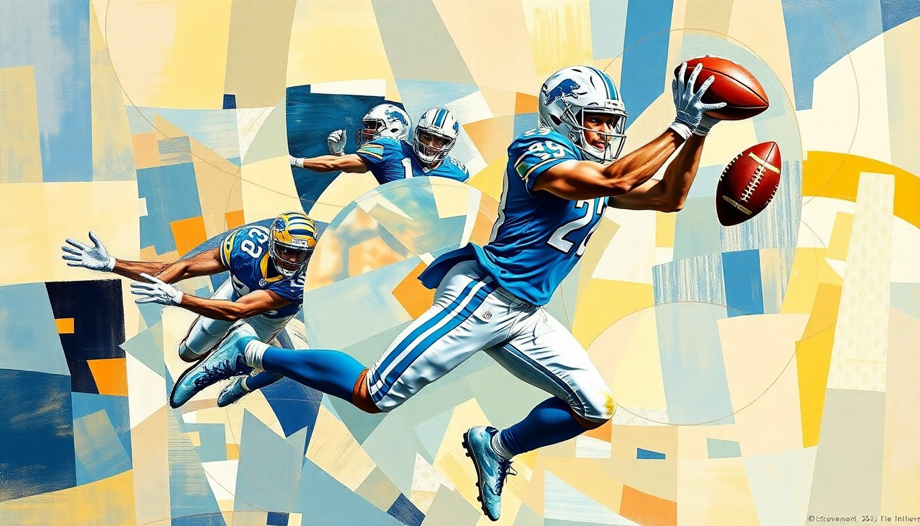 A fractured, cubist-style painting depicting a Detroit Lions wide receiver making a catch, with the player's body and the football broken down into sharp, overlapping geometric shapes and planes in a dynamic, multi-perspective composition.