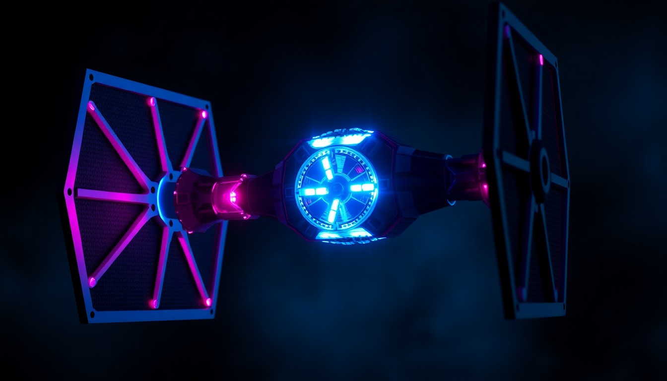 A highly detailed, glowing 3D illustration of a Lego Star Wars TIE fighter model, with the internal smart brick components illuminated by neon cyan and magenta lights, suspended against a dark, moody background and evoking a sense of futuristic technology and the drama of an epic space battle.