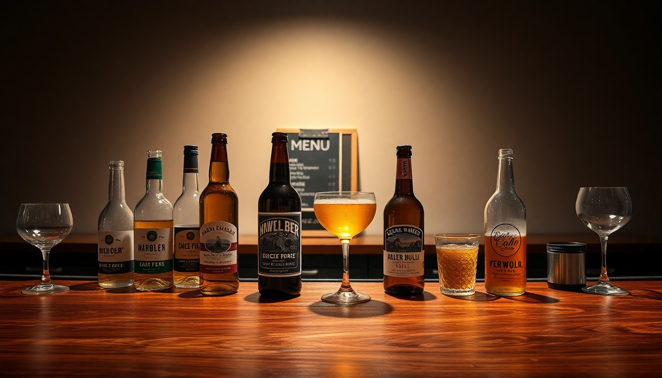 A high-end, photorealistic studio still-life photograph featuring a polished wooden bar top with a selection of craft beer bottles, cocktail glasses, and a small chalkboard menu in the background, conveying a sense of premium, timeless quality in the bar and grill industry.