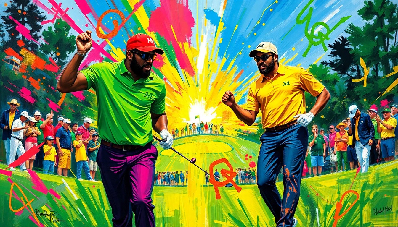 An abstract, expressionist painting in vibrant neon colors, capturing the dynamic energy and spontaneous spirit of the 2026 Masters Par 3 Contest, where celebrity caddies added a new dimension to the iconic golf event.