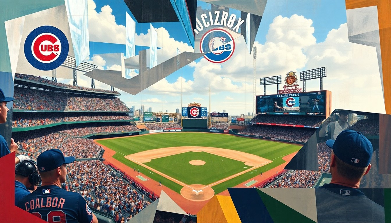A cubist, geometric painting depicting a fractured, multi-perspective view of a baseball game, with sharp planes of color and form representing the strategic challenges of rescheduling due to weather.
