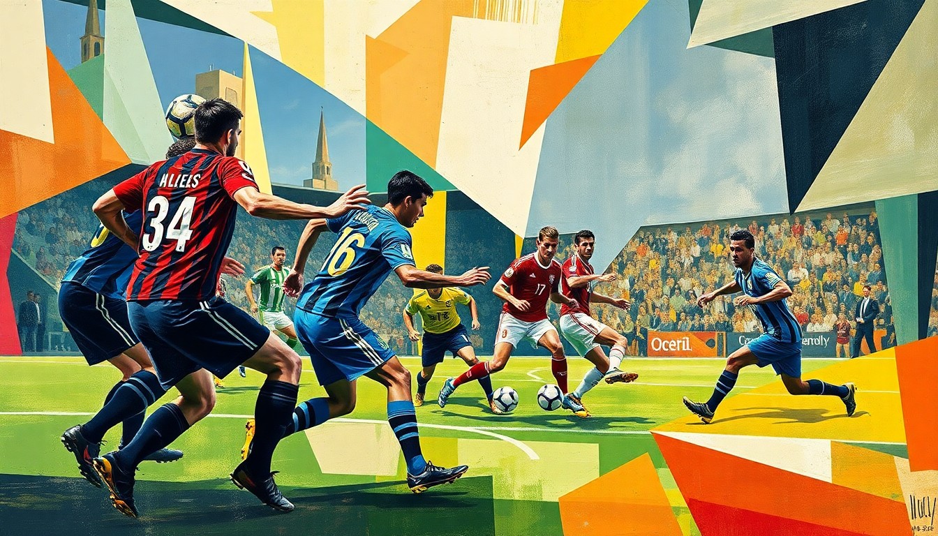 A fractured, multi-perspective painting breaking down a football game or match into sharp, overlapping geometric planes, with the players' forms deconstructed into abstract shapes and colors.