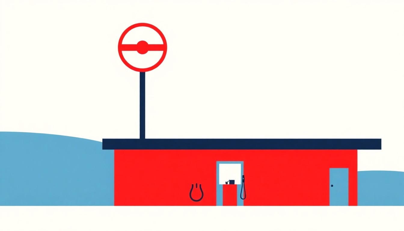A vibrant abstract illustration using simple geometric shapes and primary colors to convey the idea of tribal gas stations offering affordable fuel options during an economic crisis.