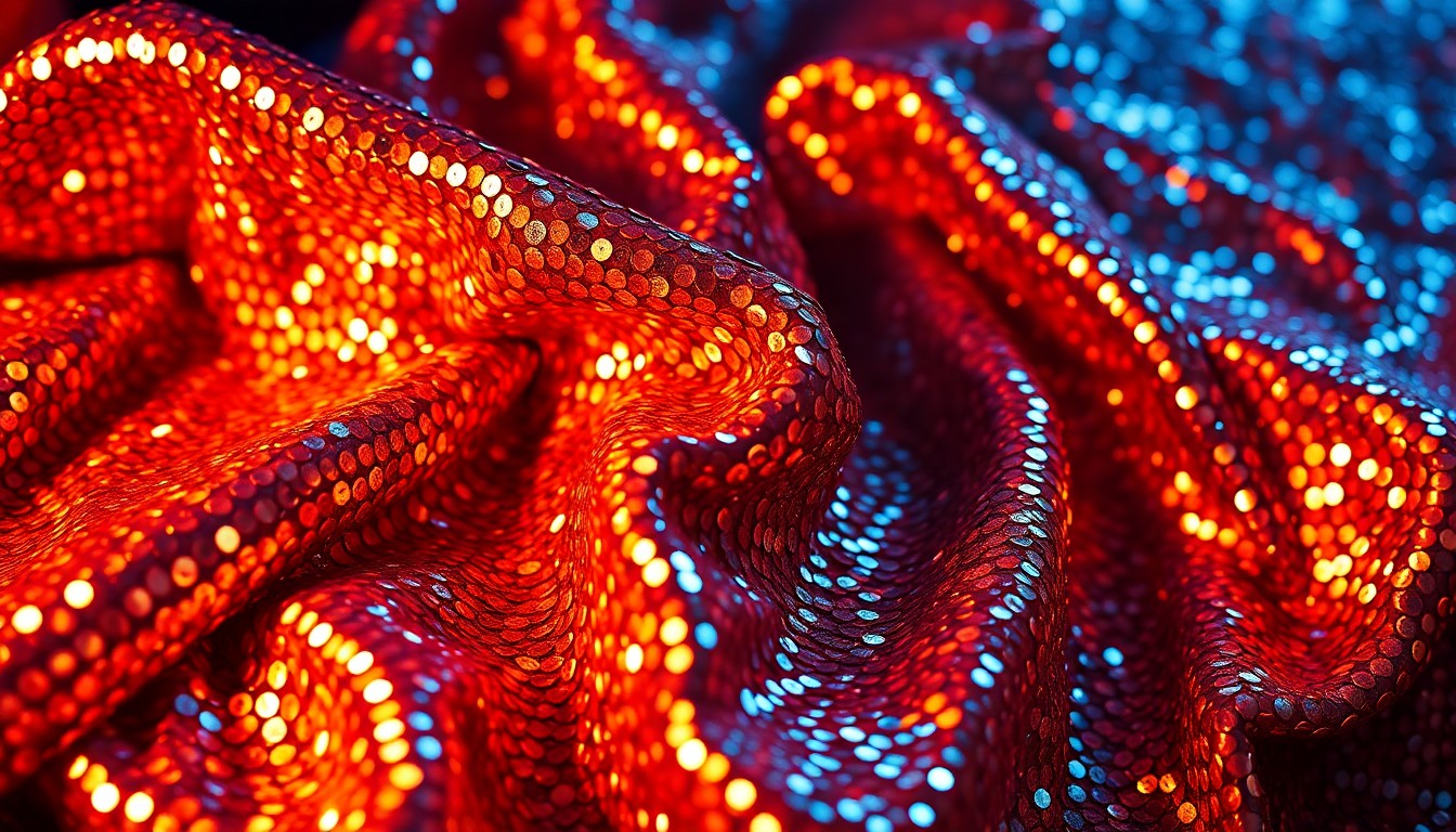 An extreme macro photograph of a glittering, crumpled sequin fabric, shot in dramatic high-contrast studio lighting to create a glamorous, high-fashion aesthetic without depicting any literal objects or people.