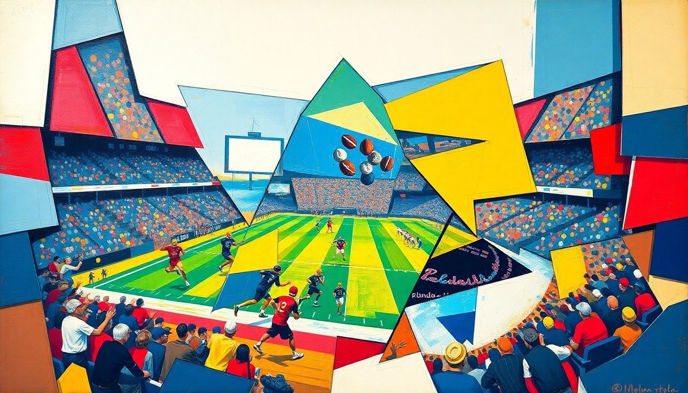 A fragmented, cubist-style illustration depicting a running event or football game, with sharp geometric shapes and planes in bright colors representing the energy and movement of the competition.