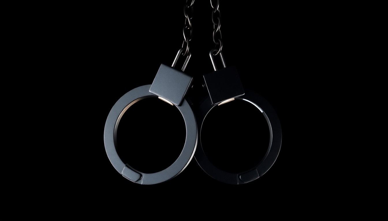 An extreme close-up photograph of a set of handcuffs against a stark black background, the metal reflecting the harsh light of the camera flash, conceptually representing the arrest of a wanted criminal suspect.