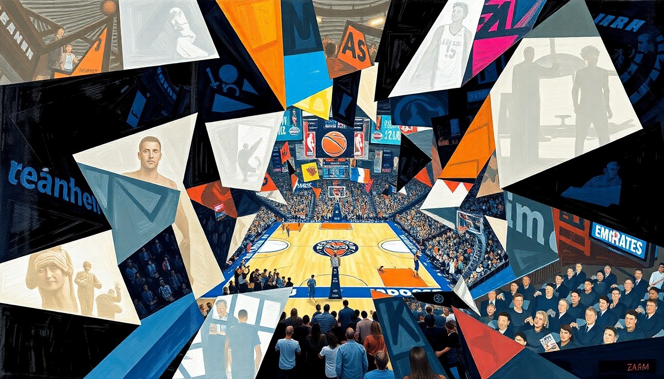 A cubist, geometric painting depicting the action and energy of the Knicks-Spurs Emirates NBA Cup championship game, with overlapping shapes and planes representing the players, the ball, and the intensity of the competition.