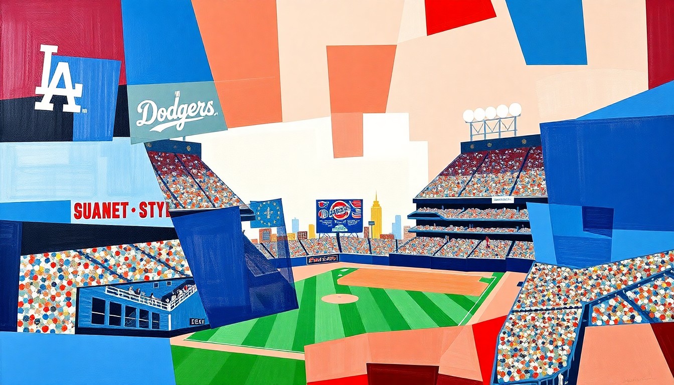 A cubist, geometric painting depicting a Dodgers baseball game, with sharp, overlapping planes of vibrant blue, red, and white colors representing the team's dynamic offense.