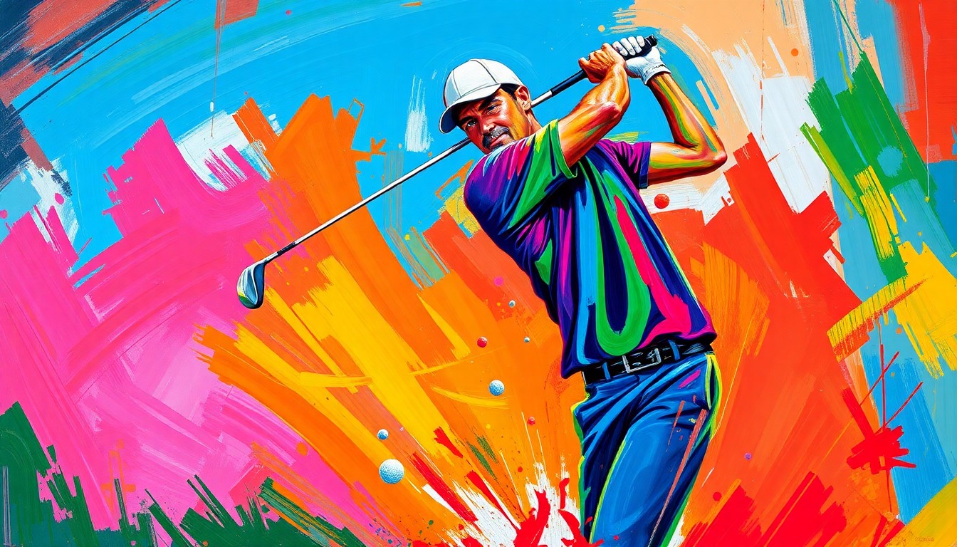 A dynamic, textured painting in vibrant neon colors depicts the powerful swing and motion of a golfer, with the golf ball trailing a bright streak as it flies towards the hole, conveying the excitement and energy of a rare hole-in-one at the Masters.
