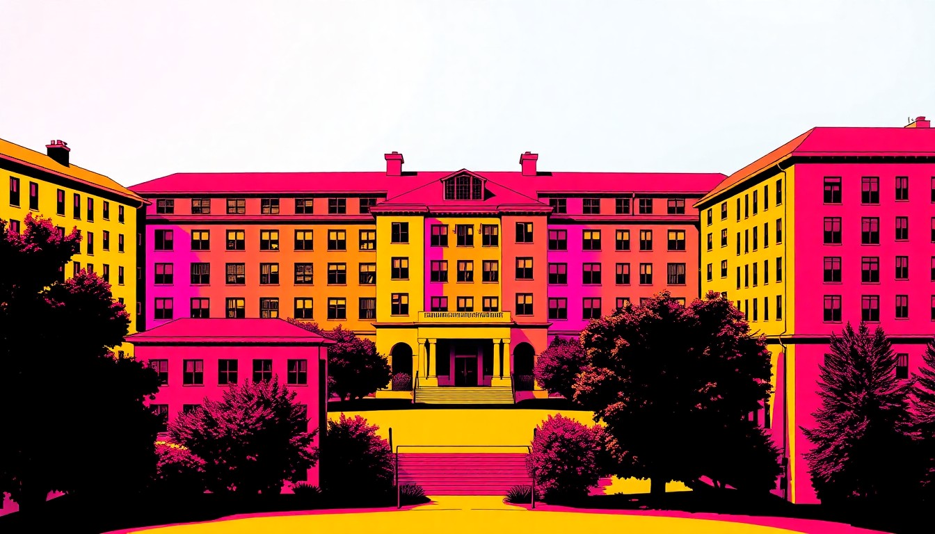 A bold, colorful silkscreen-style illustration featuring a repeated image of a university campus building, conceptually representing the complex process of campus closures and repurposing.