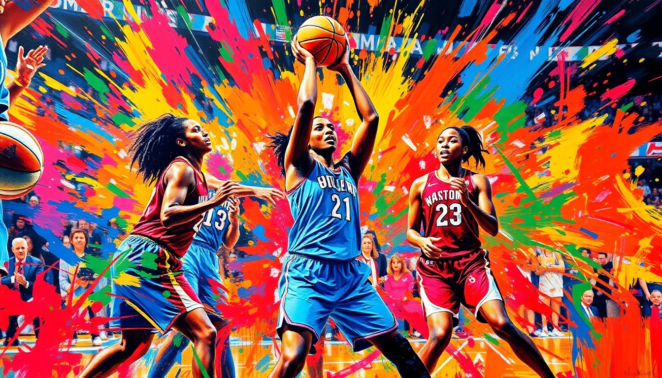 A dynamic, abstract painting in vibrant neon colors, capturing the energy and movement of a WNBA basketball game, with players' figures dissolving into expressive brushstrokes.
