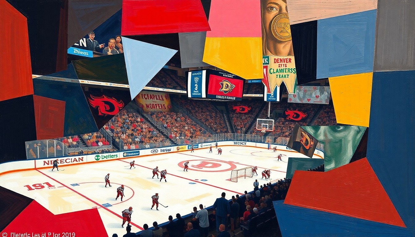 A cubist-style painting depicting the Denver Pioneers' NCAA hockey championship game, with the players and action broken down into sharp, overlapping geometric shapes and planes, capturing the dynamic energy and complexity of the event.