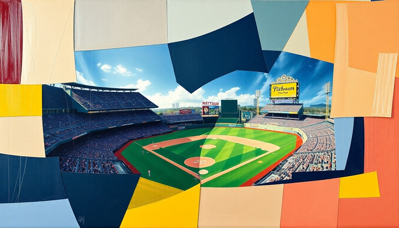 A cubist-style painting depicting a baseball game between the Pittsburgh Pirates and Milwaukee Brewers, with the players and field broken down into sharp, overlapping geometric shapes in a vibrant color palette.