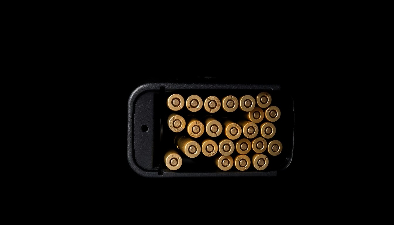 An extreme close-up photograph of a handgun magazine loaded with ammunition, lit by a harsh, direct camera flash against a pitch-black background, conceptually illustrating the threat of gun violence near schools.