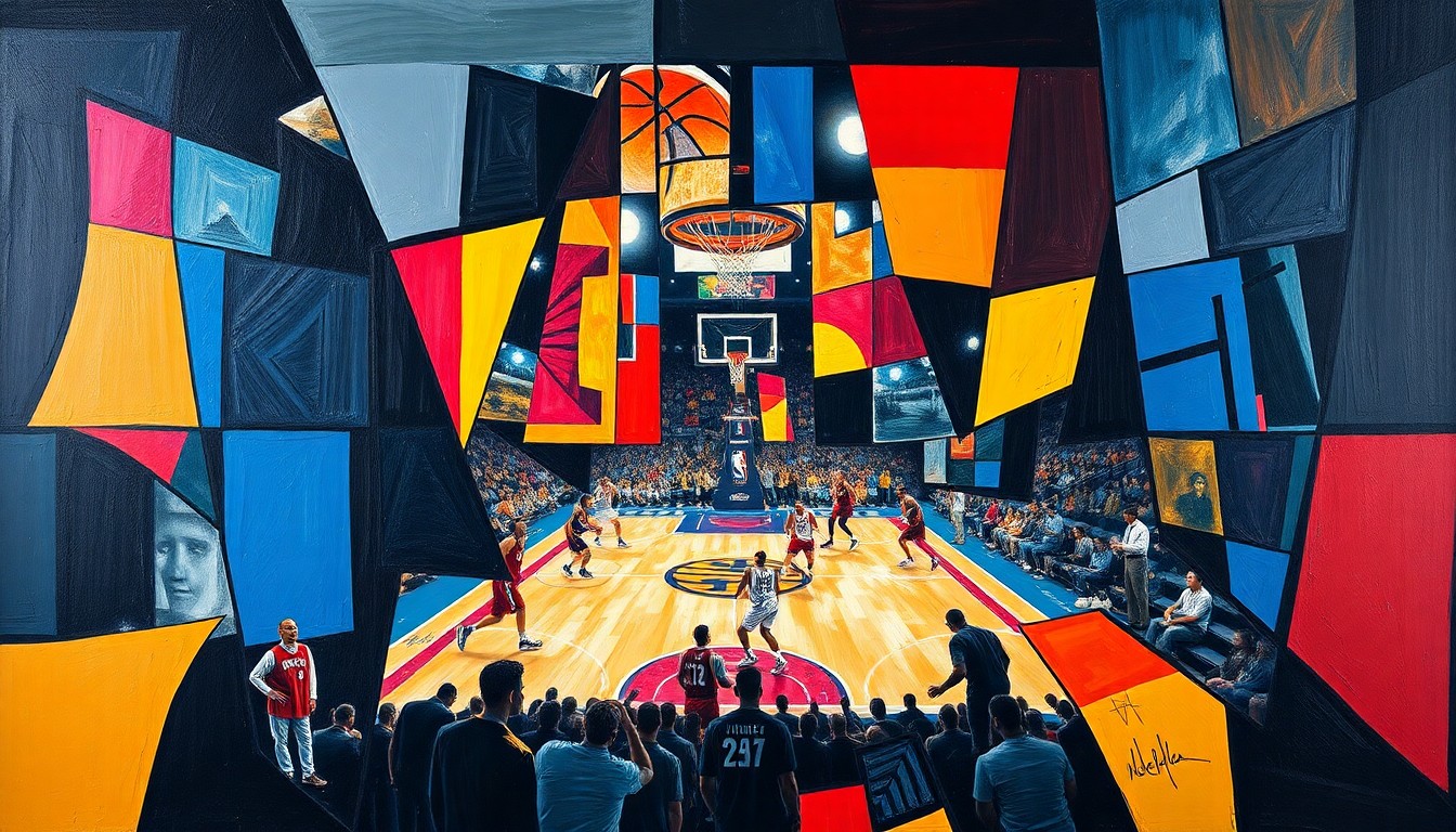 A cubist, geometric painting depicting the intensity and movement of an NBA playoff game, with players and the court fragmented into sharp, overlapping shapes and planes.