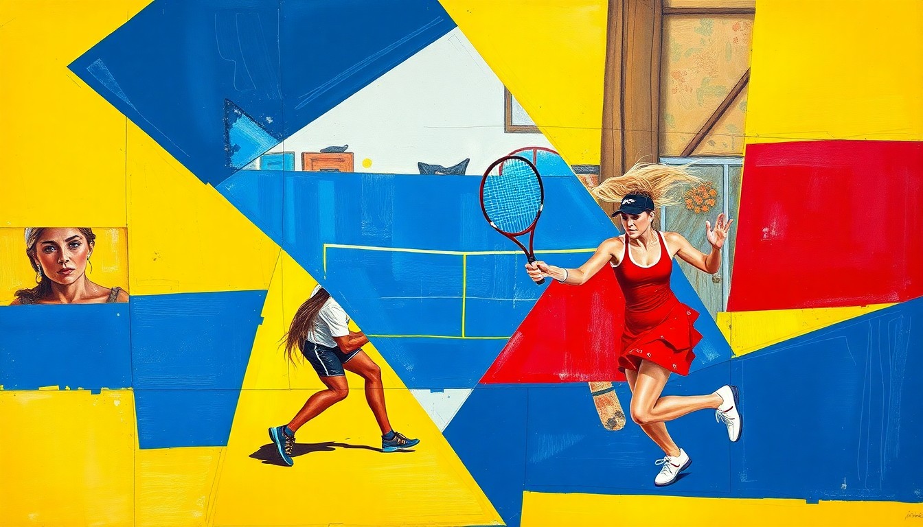 A vibrant, cubist-inspired painting depicting a fragmented, multi-angled view of a women's tennis match, with sharp geometric shapes in shades of blue, yellow, and red conveying the dynamic energy of the sport.