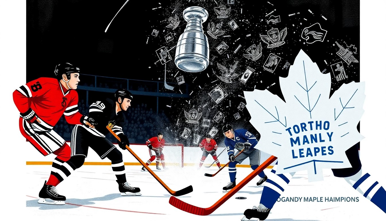 A fractured, multi-perspective painting in the style of Pablo Picasso, breaking the 1938 Stanley Cup finals between the Chicago Blackhawks and Toronto Maple Leafs down into sharp, overlapping geometric planes to conceptually represent the raw energy and drama of the championship matchup.