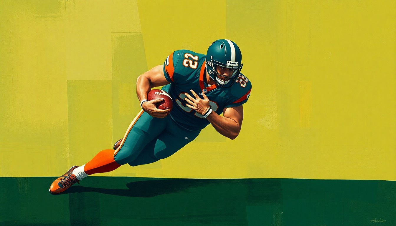 A fragmented, geometric painting depicting a linebacker making a tackle, with sharp planes of earthy green, navy blue, and burnt orange colors.