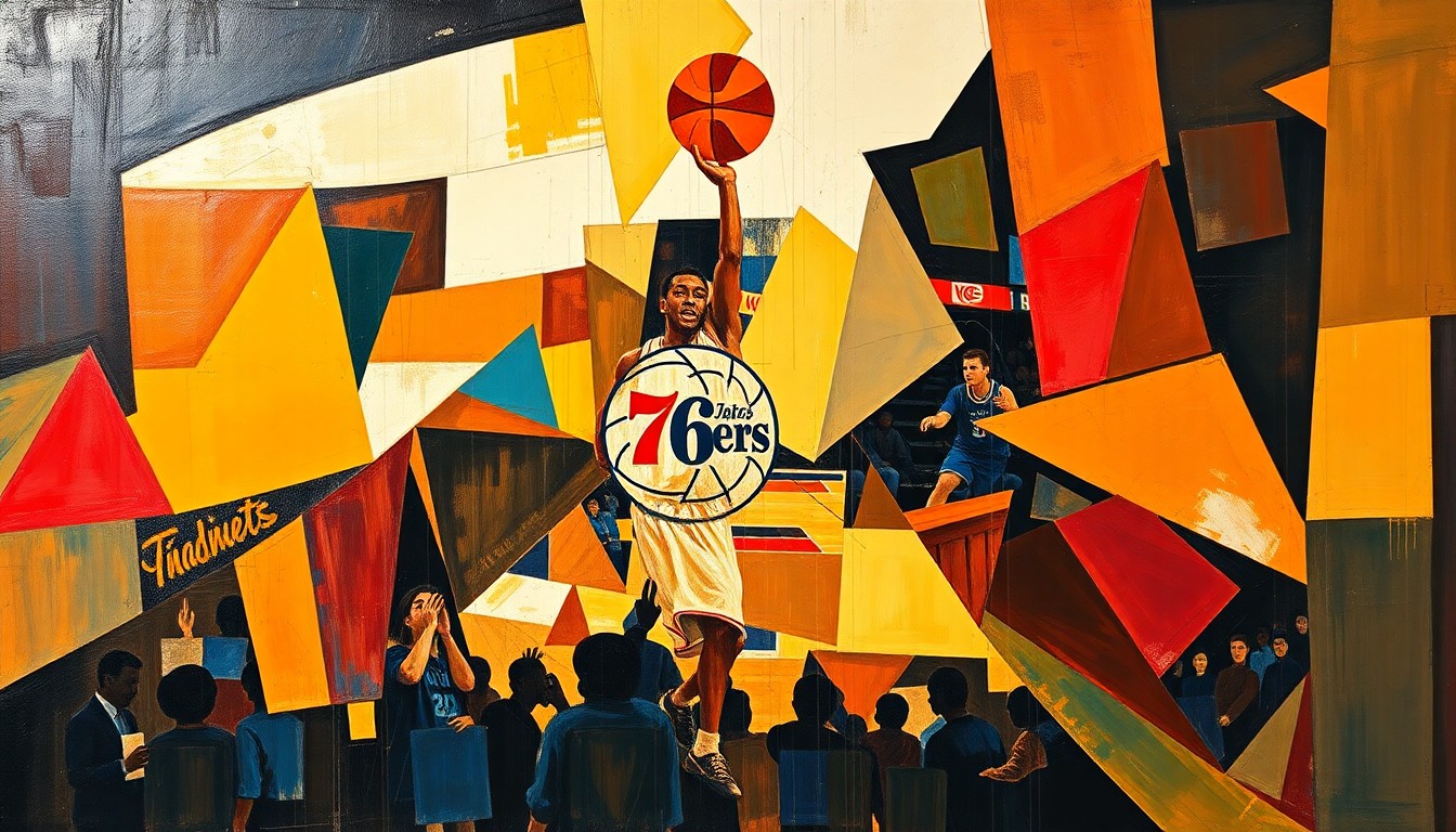 A cubist, geometric painting depicting a basketball game or match, with overlapping planes and shapes representing the players, court, and action, conveying the tension and complexity of the Sixers' internal dynamics.