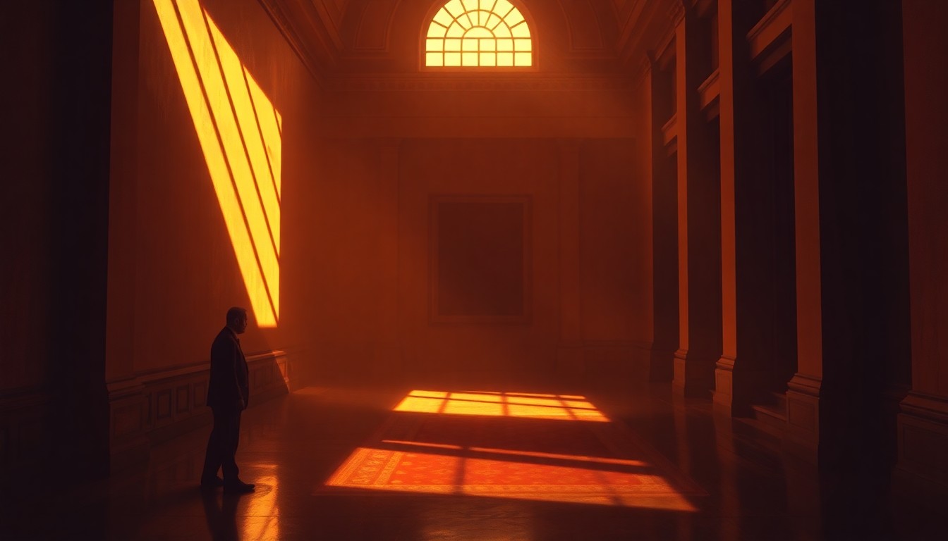 A dimly lit, cinematic painting depicting the shadowy silhouette of a government building or political figure, with warm, diagonal sunlight casting deep shadows across the scene, conveying a sense of unease and unpredictability in the political landscape.