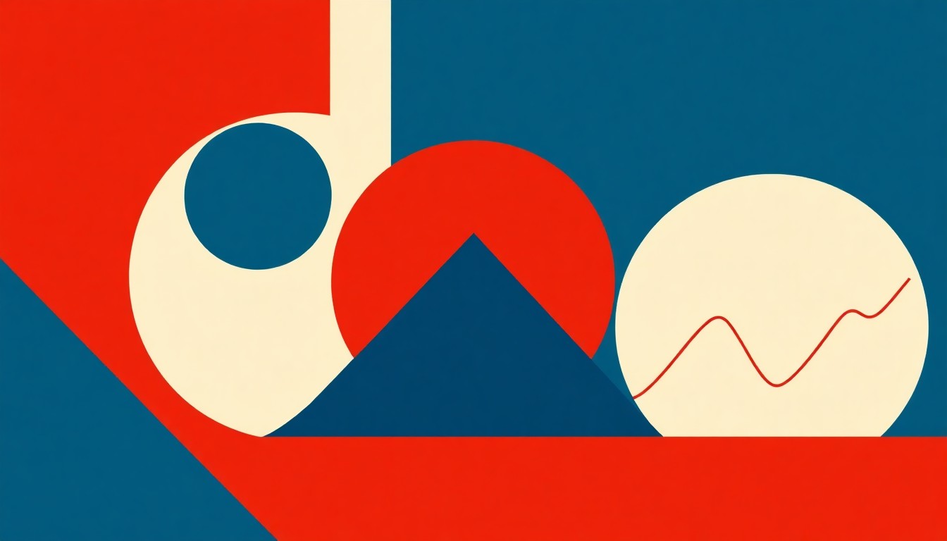 A minimalist, abstract illustration using bold geometric shapes and primary colors to represent the conflicting economic data and trends revealed in the November U.S. jobs report, without any text or identifiable elements.