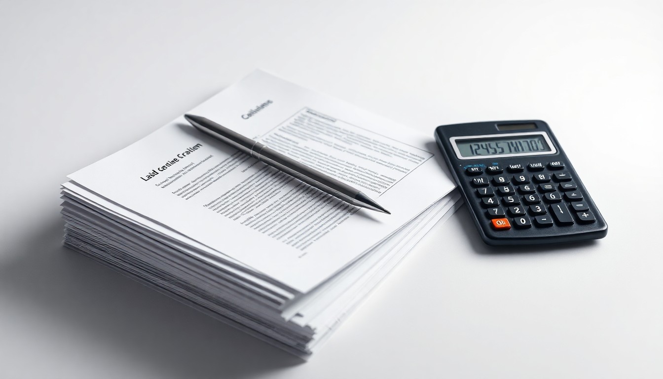 A photorealistic studio still life featuring a stack of legal documents, a pen, and a calculator arranged on a clean, monochromatic background, symbolizing the complex financial and legal issues at the heart of the trust dispute.