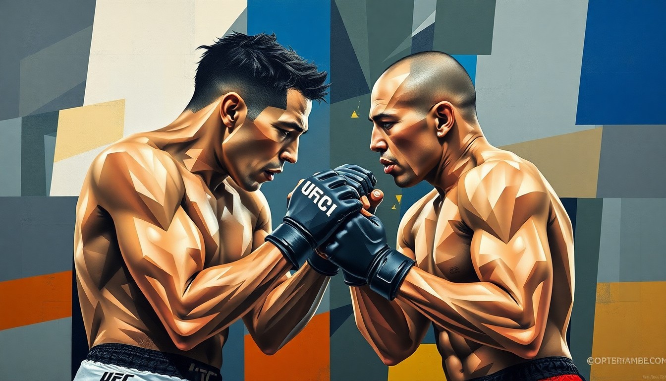 A cubist, geometric painting depicting the dynamic movements and energy of a UFC Flyweight fight, with the combatants' forms fractured and abstracted into sharp, overlapping shapes and planes.