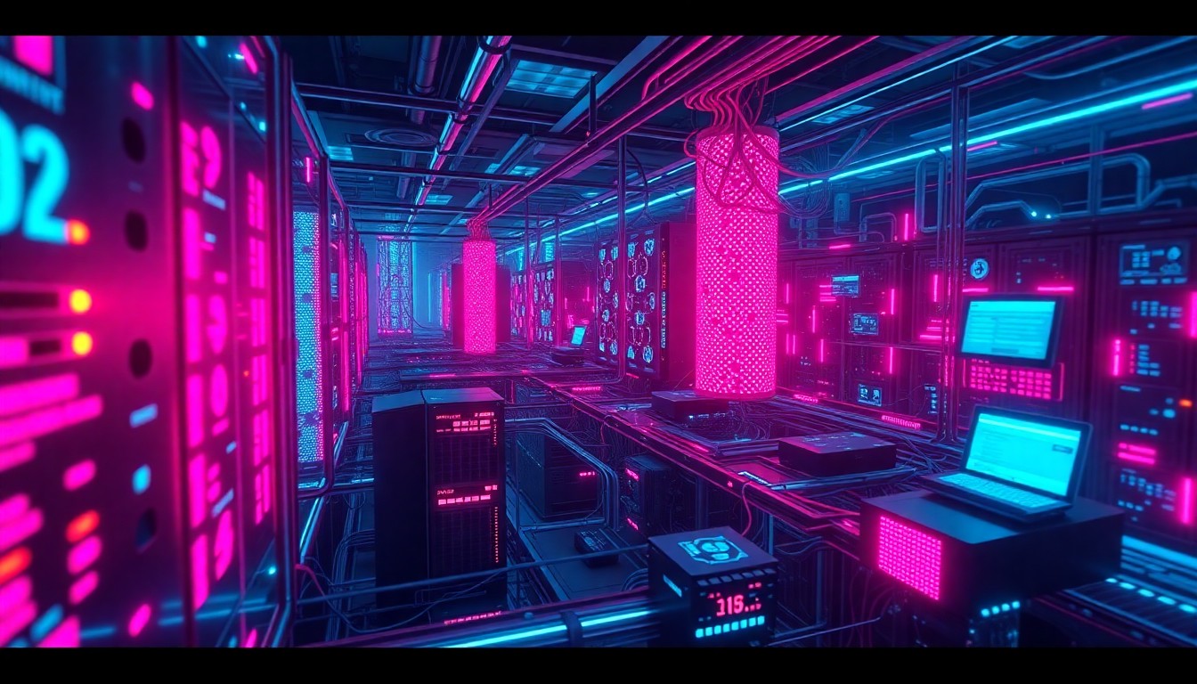 A highly detailed, glowing 3D illustration of a complex network of digital infrastructure, including servers, cables, and data centers, all illuminated by neon cyan and magenta lights, conceptually representing the scale and complexity of the pension system that was allegedly abused.