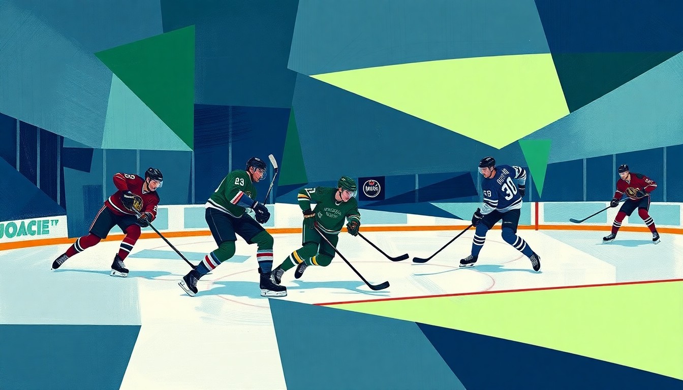 A cubist-style painting depicting fragmented, overlapping geometric shapes in shades of navy, green, and grey, representing the complex player movement and trades that have defined the Blackhawks' roster over the years.