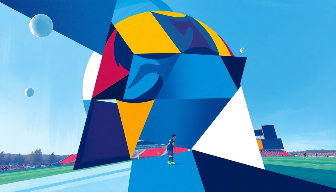 A cubist-style painting featuring overlapping geometric shapes and planes in navy blue, sky blue, and white, capturing the energy and excitement of a professional women's soccer match.