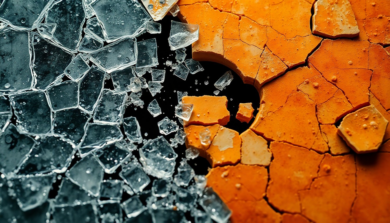 An abstract, high-contrast close-up image of shattered glass and cracked ceramic textures, conveying the fragility and complexity of the human experience explored in the film 'Silence'.