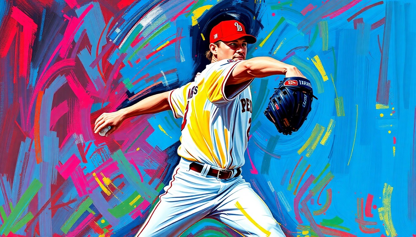 An abstract, energetic painting in vibrant neon colors depicting the powerful motion of a baseball pitcher in mid-delivery, conveying the intensity and athleticism of Mickey Lolich's legendary career.