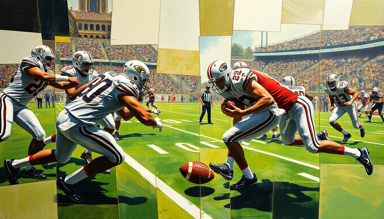 A cubist-style painting depicting a football game with tight ends competing for the ball, broken down into sharp, overlapping geometric shapes and planes in a dynamic, abstract composition.