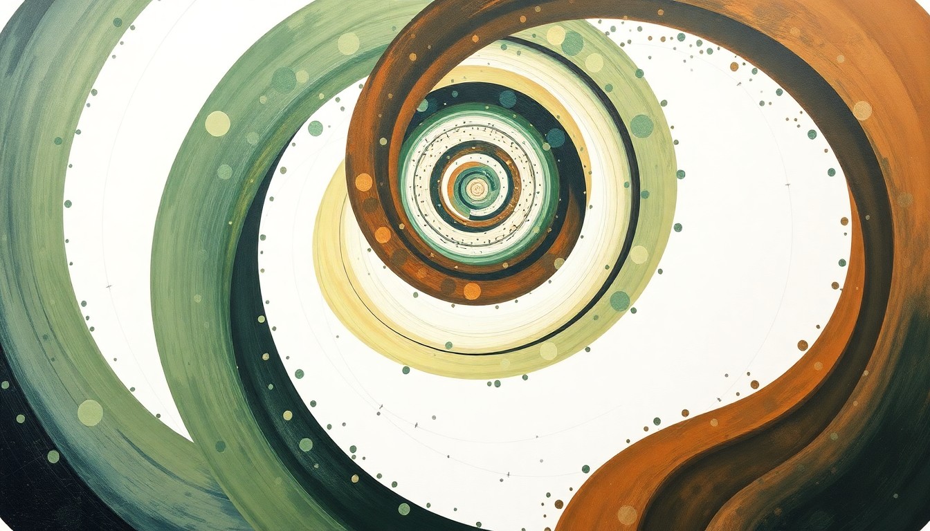 An abstract, highly structured painting in soft, earthy tones depicting intricate biological patterns and molecular structures, conceptually representing the complex forces involved in the FTL1 protein's impact on brain aging.