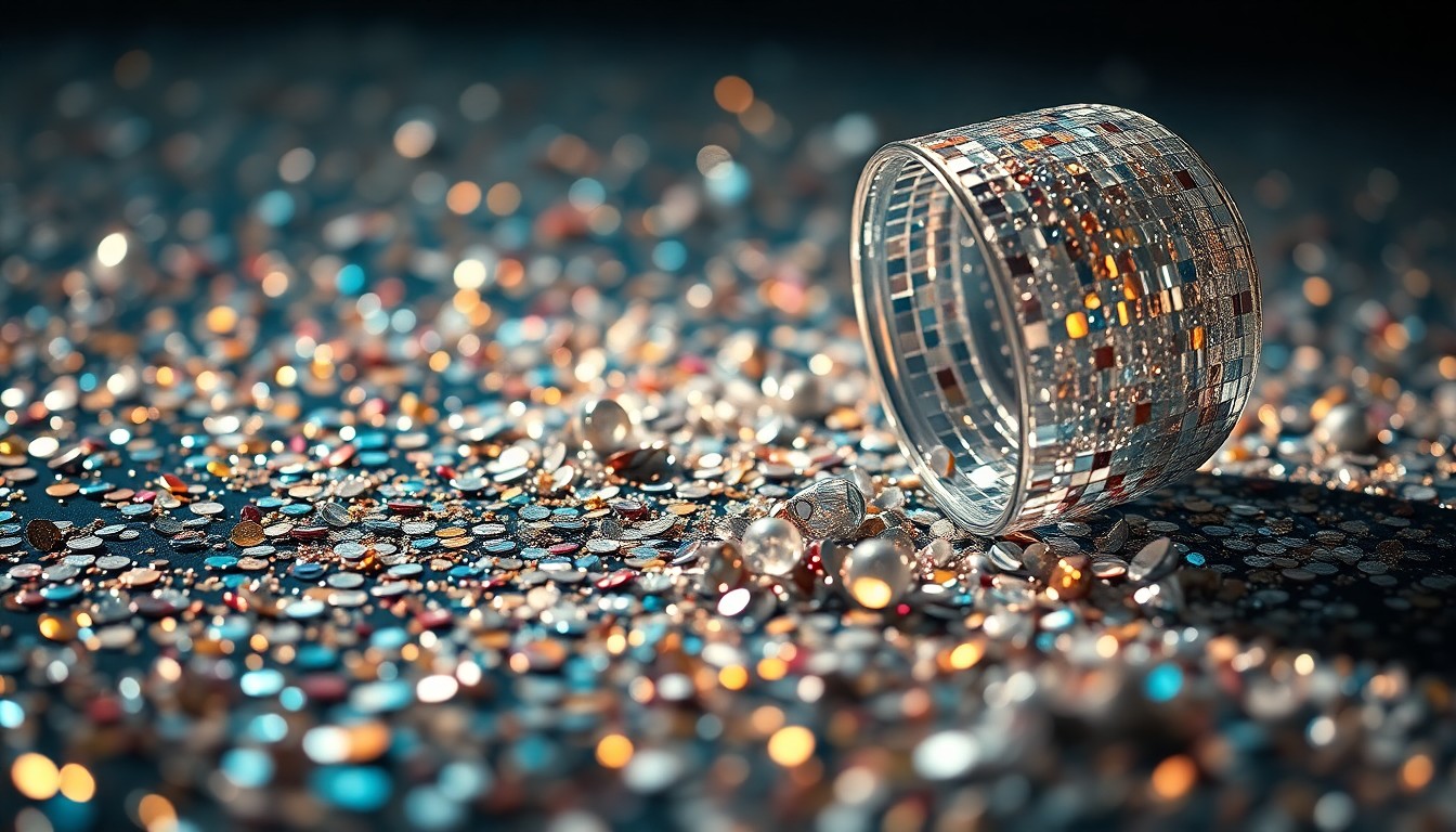 An abstract, close-up image of shimmering sequins and shattered glass, capturing the glamour and energy of the SNL finale through dramatic lighting and texture.