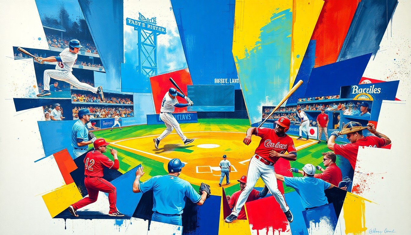 A cubist-style painting depicting fragmented, overlapping geometric shapes in shades of blue, red, and yellow, representing the complex and multifaceted legacies of baseball players being inducted into the Hall of Fame.