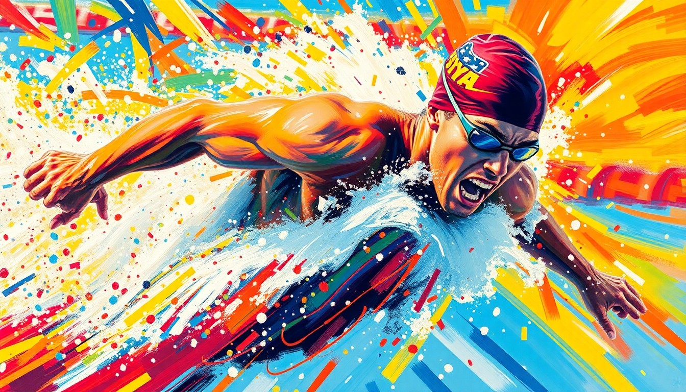 A dynamic, abstract painting in vibrant neon colors and bold brushstrokes, capturing the powerful motion and raw athleticism of a swimmer breaking through the water.
