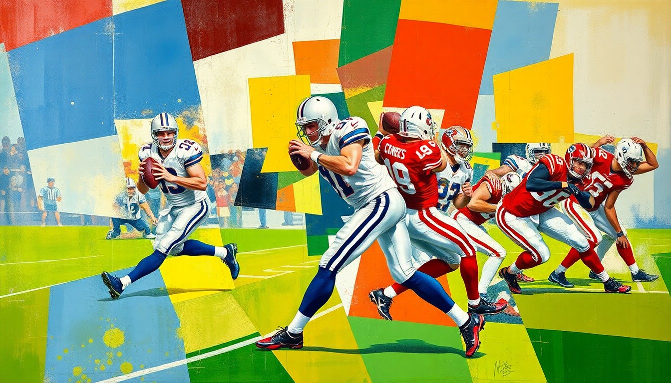 A fragmented, geometric painting depicting a football quarterback's movements and decision-making in the pocket, with sharp, overlapping planes of color and form.