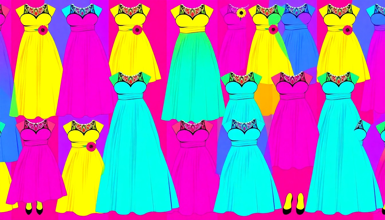 A vibrant, abstract grid of a single prom dress or accessory in neon colors and bold black outlines, conceptually representing the energy and fashion of high school proms.