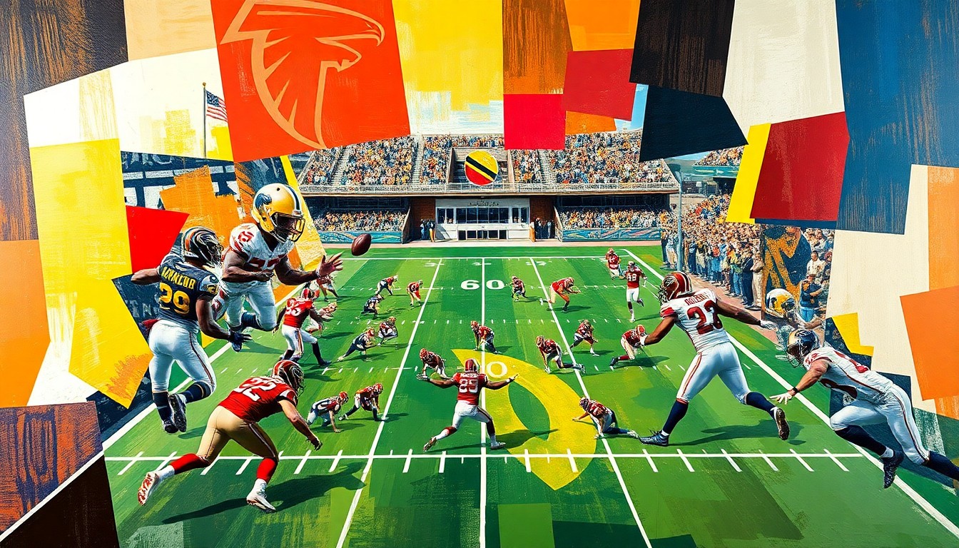 A cubist-style painting depicting a football game in abstract geometric shapes and forms, capturing the dynamic energy and motion of the players on the field.